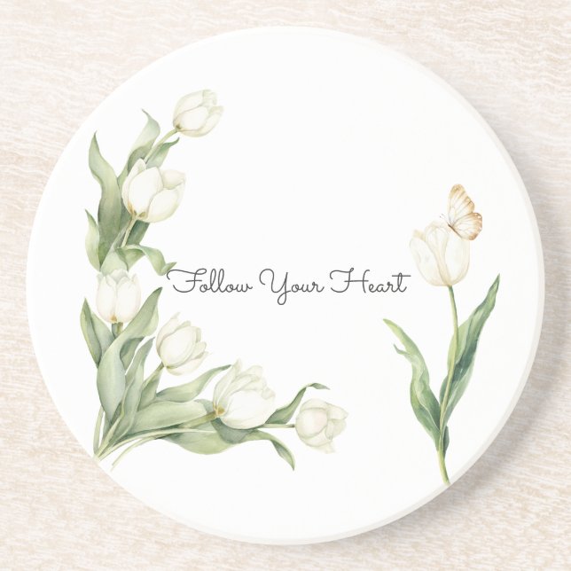 Dessous De Verre En Grès Tulipes blancs papillon   (Devant)