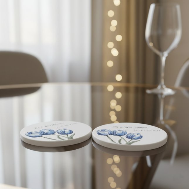 Dessous De Verre En Grès Tulipes en bleu de Delft personnalisables (Créateur téléchargé)