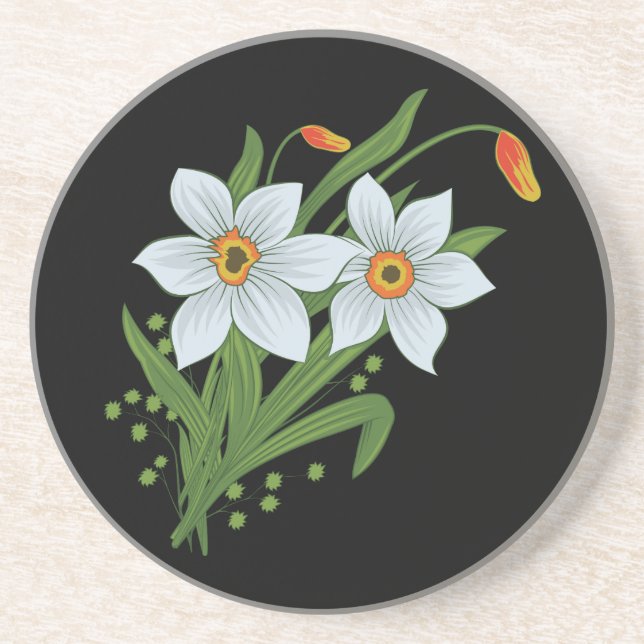 Dessous De Verre En Grès Tulipes et jonquilles Fleurs Fond noir (Devant)