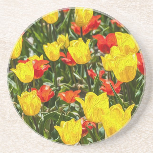 Dessous De Verre En Grès Tulipes rouges et jaunes (Devant)