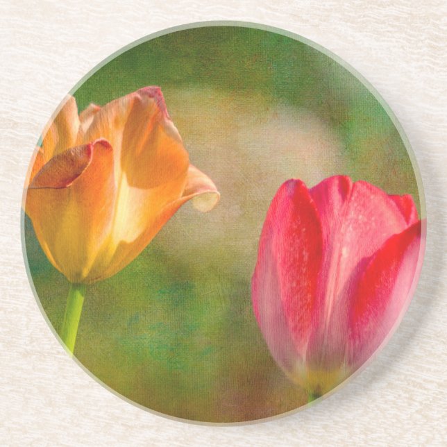 Dessous De Verre En Grès Tulipes rouges et jaunes sur fond texturé (Devant)