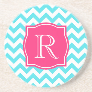Dessous De Verre En Grès Turquoise de zigzag et monogramme fait sur