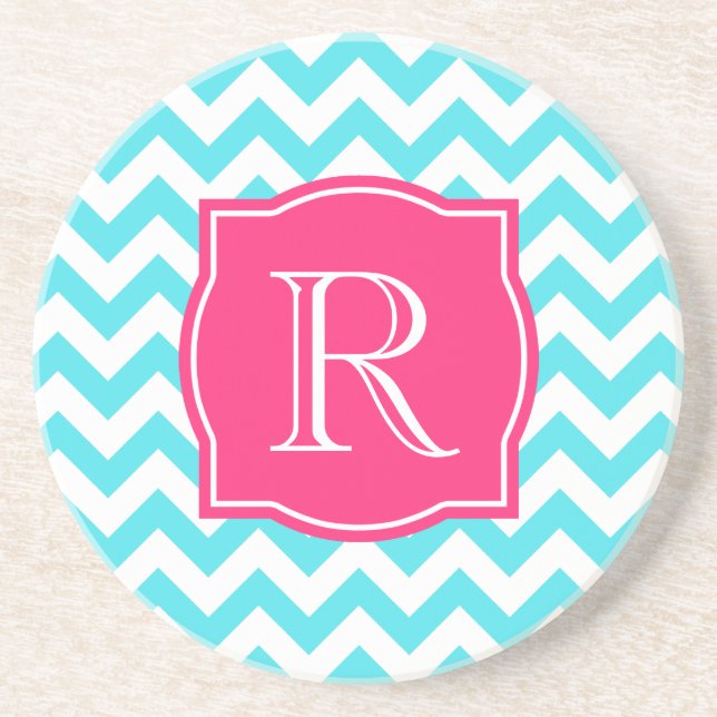 Dessous De Verre En Grès Turquoise de zigzag et monogramme fait sur (Devant)