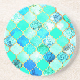 Dessous De Verre En Grès Turquoise, Or, Motif de sirène bleu vert