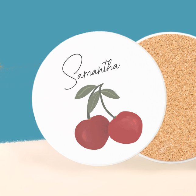 Dessous De Verre En Grès Two Red Cherries Illustration | Cute Fruit Art  (Créateur téléchargé)