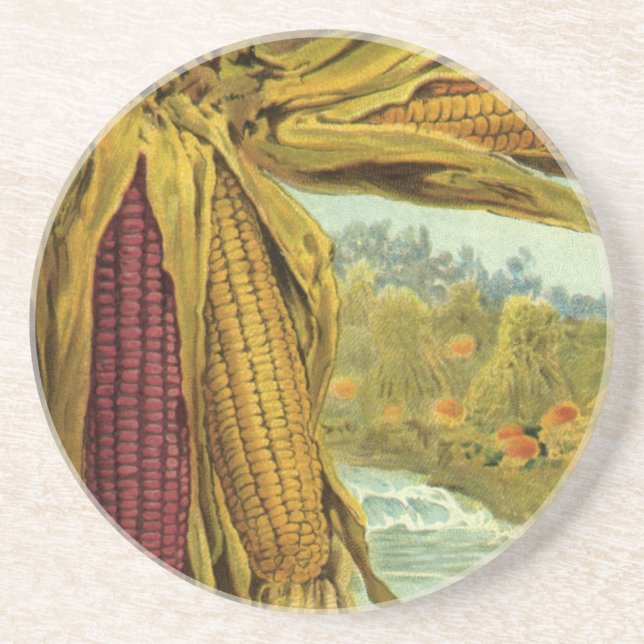 Dessous De Verre En Grès Un joyeux Thanksgiving ; maïs indien et meules de  (Devant)