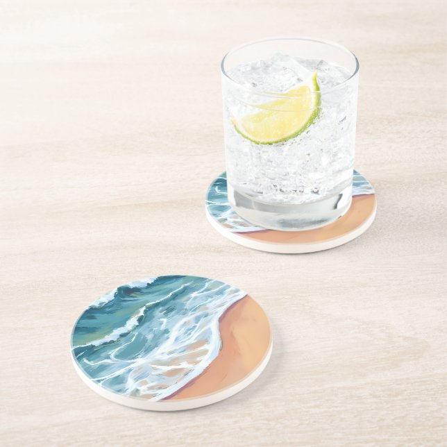 Dessous De Verre En Grès Vagues de l'océan bleu aquarelle (Côté)