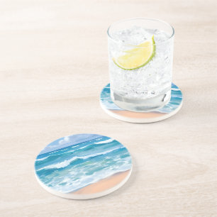 Dessous De Verre En Grès Vagues de l'océan bleu Aquarelle de mer de plage