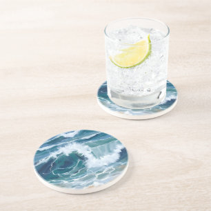 Dessous De Verre En Grès Vagues de l'océan déferlantes   Aquarelle bleue cô