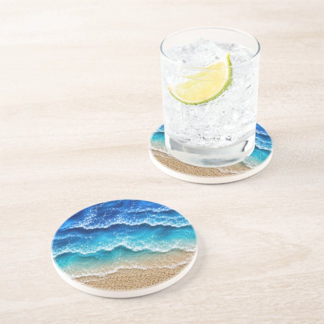 Dessous De Verre En Grès Vagues de résine fausse bleue plage côtière (Côté)