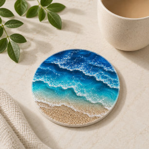 Dessous De Verre En Grès Vagues de résine fausse bleue plage côtière