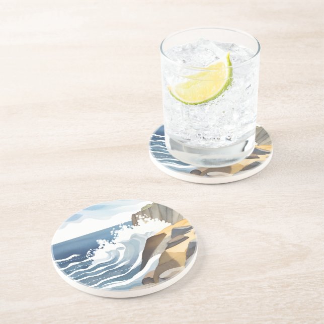 Dessous De Verre En Grès Vagues déferlantes | Rivage côtier rocheux Aquarel (Côté)
