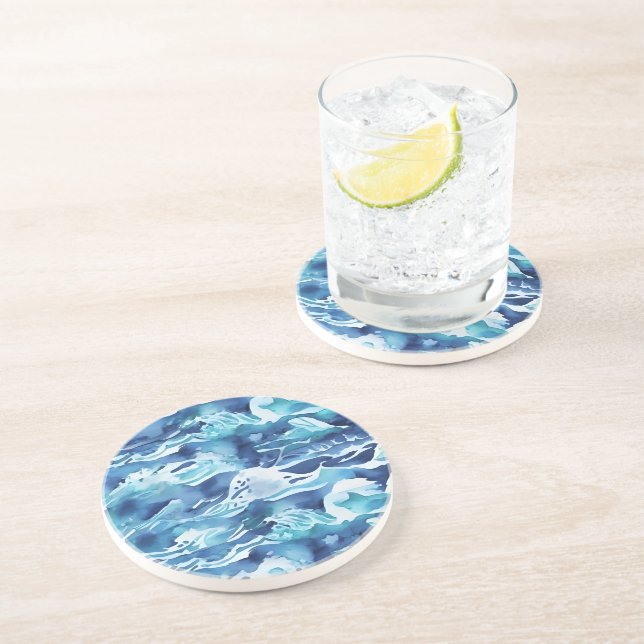 Dessous De Verre En Grès Vagues océaniques | Aquarelle sarcelle Bleu aqua (Côté)