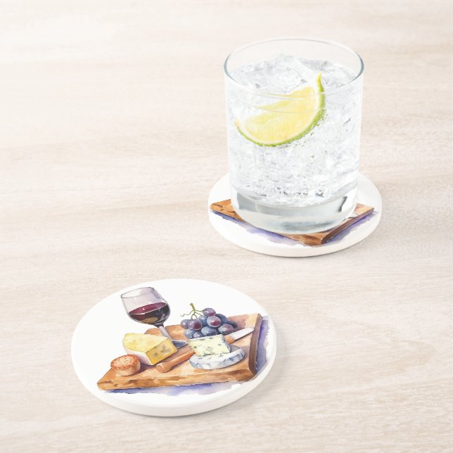 Dessous De Verre En Grès Vaisseau Raisins Fromage Vin Verre Aquarelle (Côté)