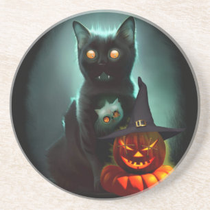 Dessous De Verre En Grès Vampire Chat et Assistant Citrouille Halloween Sur