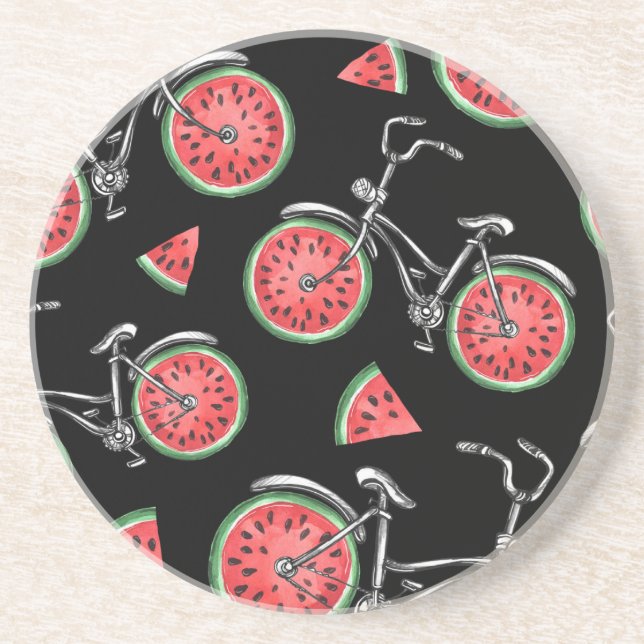 Dessous De Verre En Grès Vélos à roue de pastèque, motif d'été. (Devant)
