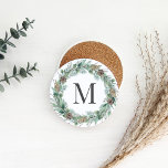 Dessous De Verre En Grès Verdure hivernale rustique Monogramme Première cou<br><div class="desc">Elégante boisson en grès de vacances design de la couverture de la roche de sable dispose d'une couronne rustique chic de verdure d'hiver aquarelle encadrant une famille / nom de famille monogramme initial. Comprend une couleur arrière - plan blanche.</div>