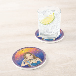 Dessous De Verre En Grès Verseau Fille d'Astrologie dans Ciel Étoilé Bleu