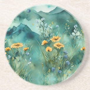 Dessous De Verre En Grès Vert doux paysage aquarelle fleurs sauvages