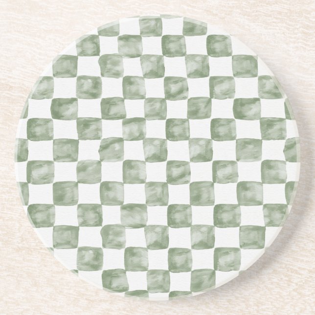 Dessous De Verre En Grès Vert sauge clair damier aquarelle (Devant)