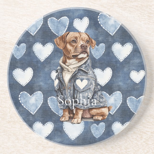 Dessous De Verre En Grès Veste en jean bleu cœurs chien (Devant)