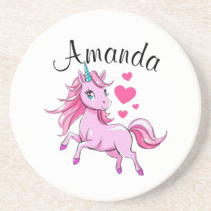 Dessous De Verre En Grès Vibrant Pink Jumping Unicorn Nom de la fille