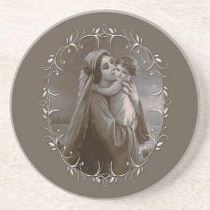 Dessous De Verre En Grès Vierge vintage et enfant avec cadre argenté