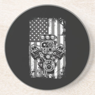 Dessous De Verre En Grès Vieux Véhicule Musclé Piston Drapeau Américain Drô
