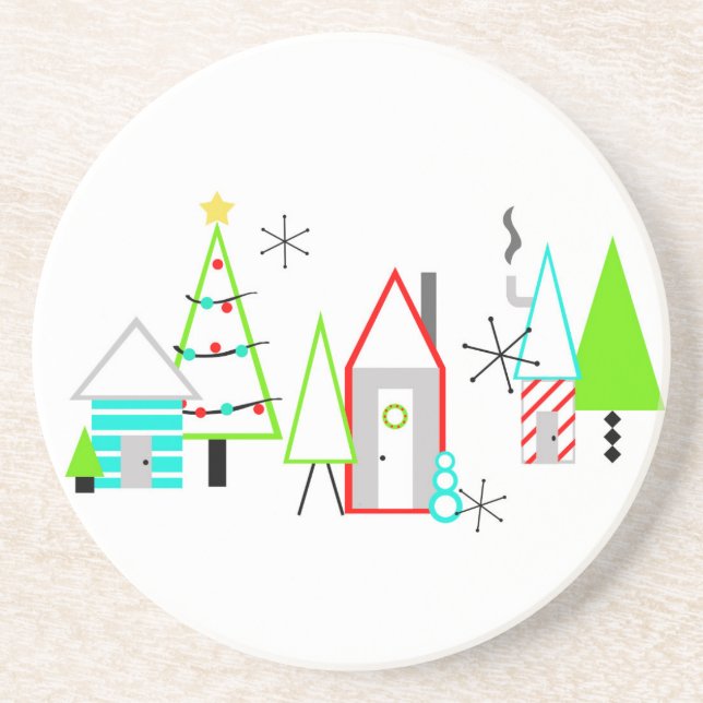 Dessous De Verre En Grès village de Noël moderne du milieu du siècle (Devant)