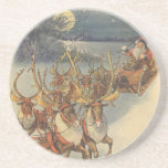 Dessous De Verre En Grès Vintage Christmas Santa Claus Sleigh with Reindeer<br><div class="desc">Vintage illustration Victorian Merry Christmas holiday scene featuring Santa Claus and his reindeer delivering toys on Christmas Eve. Santa is flying over the snow on a chilly winter night with a full moon in the sky.</div>
