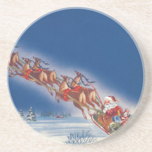 Dessous De Verre En Grès Vintage Christmas, Santa Flying Sleigh w Reindeer