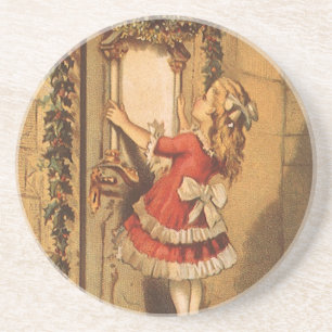 Dessous De Verre En Grès Vintage Christmas Victorian Girl Hanging a Garland