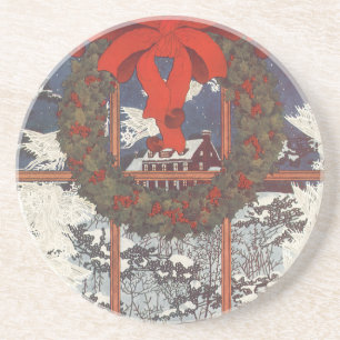 Dessous De Verre En Grès Vintage couronne de Noël dans une fenêtre avec nei