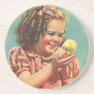 Dessous De Verre En Grès Vintage fille avec bébé poussin, Joyeux enfant sou