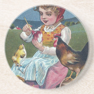 Dessous De Verre En Grès Vintage Fille de Pâques Peinture Oeuf Avec Poulets