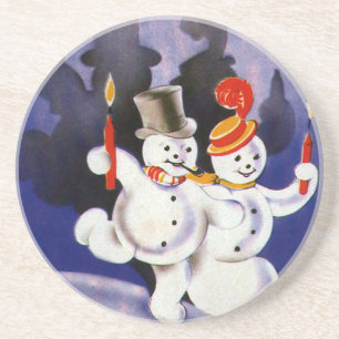 Dessous De Verre En Grès Vintage Noël Dancing Snowmen avec bougies