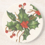 Dessous De Verre En Grès Vintage Noël, Holly Plante avec les baies rouges<br><div class="desc">Illustration vintage Noël vacances plante design nature avec une branche fleurie traditionnelle avec des feuilles saints et des baies rouges. Plantes botaniques de l'époque victorienne. Bonnes Fêtes,  Joyeuses fêtes et Joyeux Noël !</div>