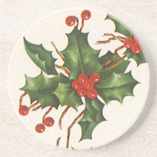 Dessous De Verre En Grès Vintage Noël, Holly Plante avec les baies rouges