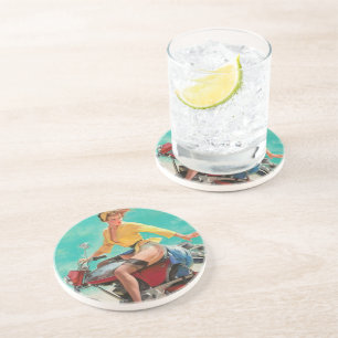 Dessous De Verre En Grès Vintage Retro Elvgren Motorcycle Pin-UP Girl