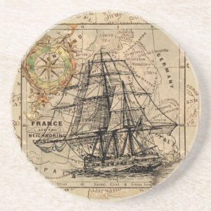 Dessous De Verre En Grès Vintage Sailing Ship and Old European Map