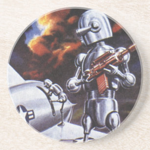 Dessous De Verre En Grès Vintage Science Fiction Military Robot Soldiers