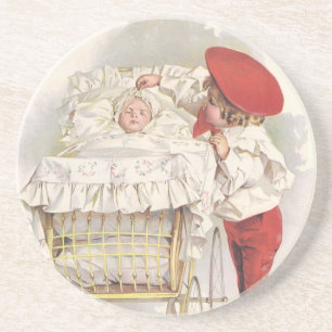 Dessous De Verre En Grès Vintage Victorian Children, Child and Baby in Pram