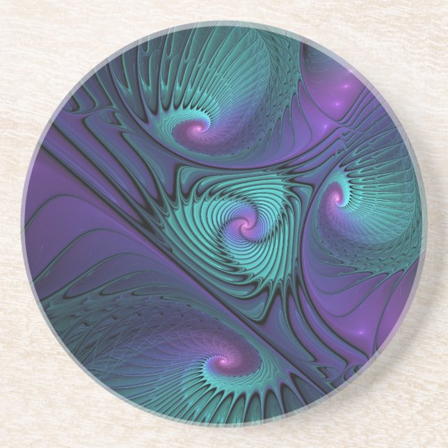 Dessous De Verre En Grès Violet Rencontre Turquoise Moderne Art Fractal Abs (Devant)