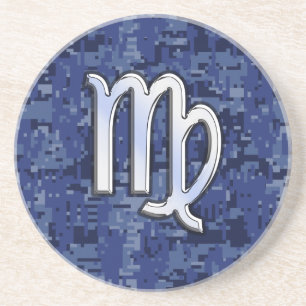 Dessous De Verre En Grès Virgo Zodiac Sign on Marine Blue Digital Camo Deco