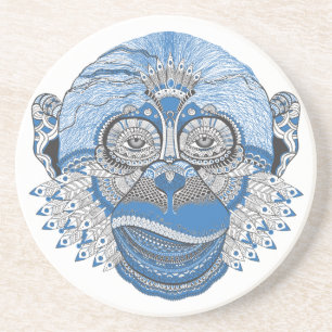 Dessous De Verre En Grès Visage bleu de singe avec le motif et les plumes