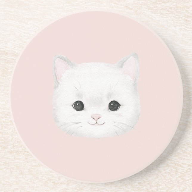 Dessous De Verre En Grès Visage de chaton blanc mignon rose (Devant)