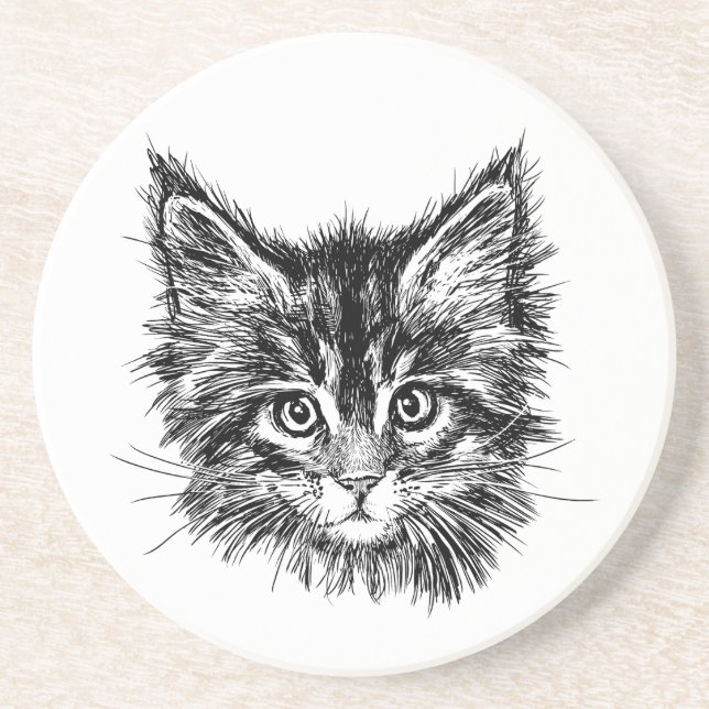Dessous De Verre En Grès Visage de chaton noir et blanc (Devant)