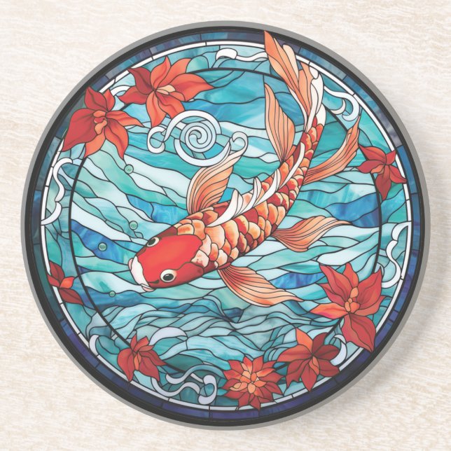 Dessous De Verre En Grès Vitrail asiatique style Koi Poisson et Camellias (Devant)