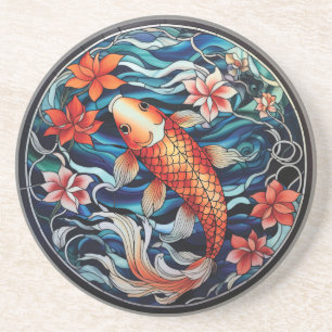 Dessous De Verre En Grès Vitrail asiatique style Koi Poisson et Camellias