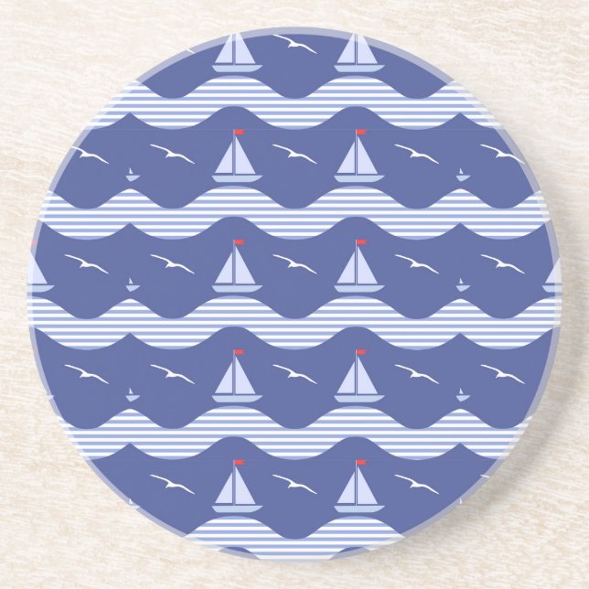 Dessous De Verre En Grès Voiliers sur un motif rayé de mer (Devant)